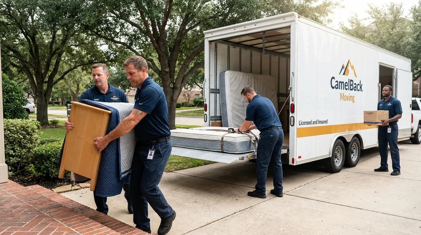 Crew loading residential truck for cross-state move from Jerome, ID